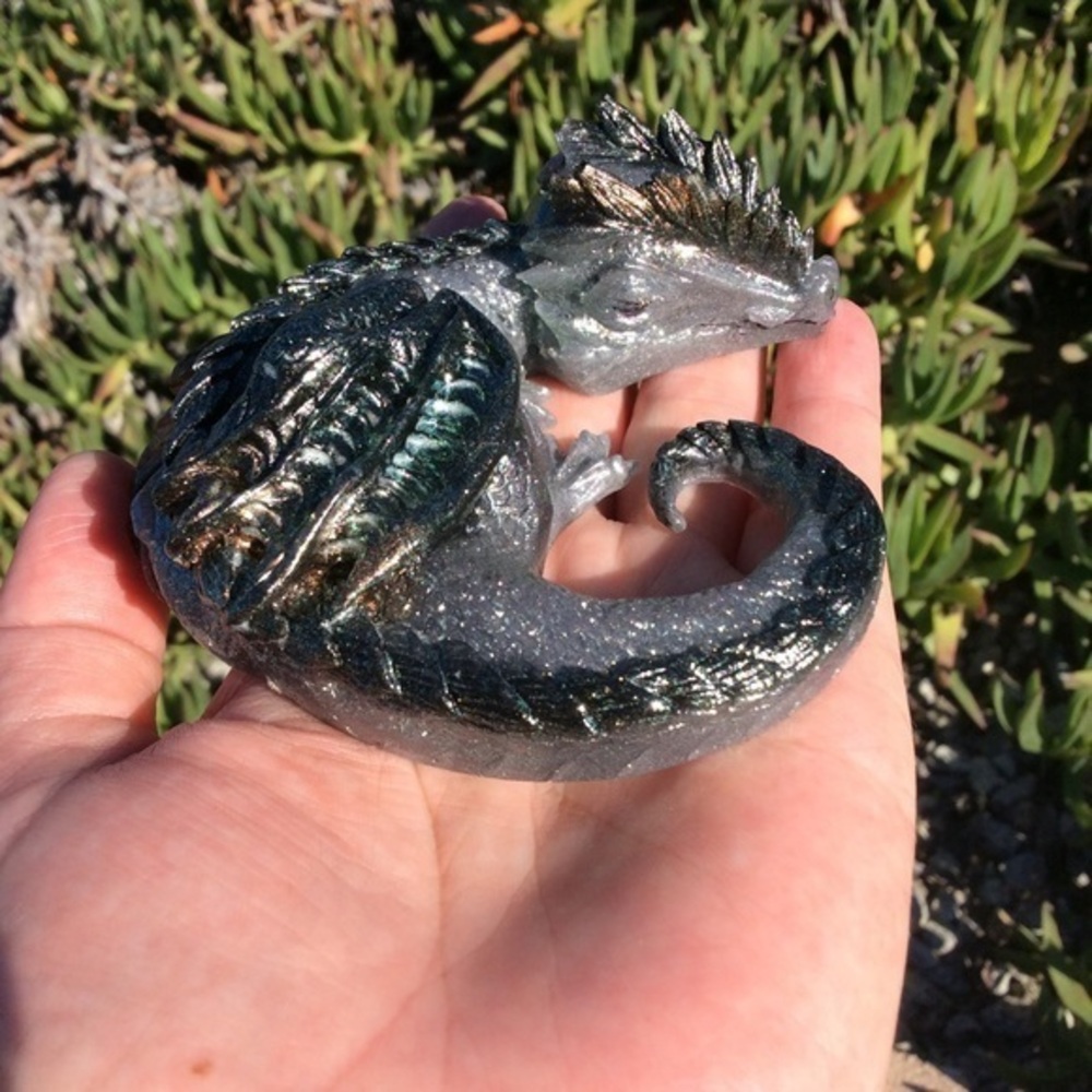 Custom Resin Colorshift Green Silver Dragon Figure